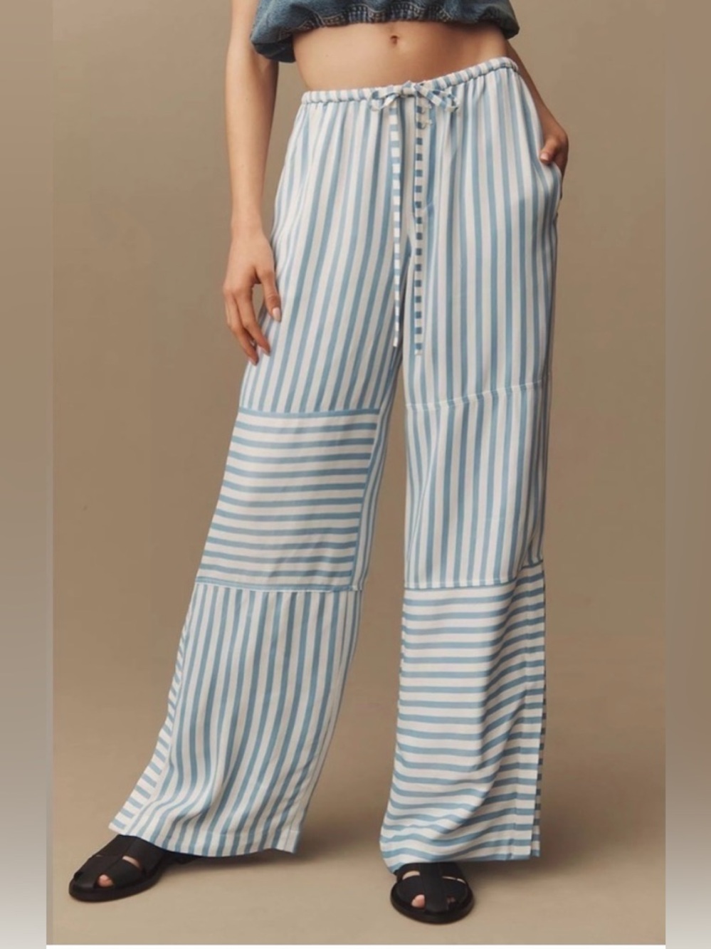 Anthropologie Maeve Silky Beach Blue & White‎ Striped Pajama Pants Sz S Like New